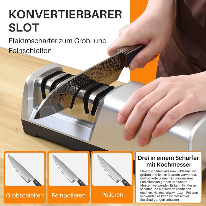 Електричний точило для ножів 15 градусів 3-в-1 для м'яса та овочів, професійний, для грубого, тонкого шліфування та полірування кухонних ножів (включно з кухонними ножами)