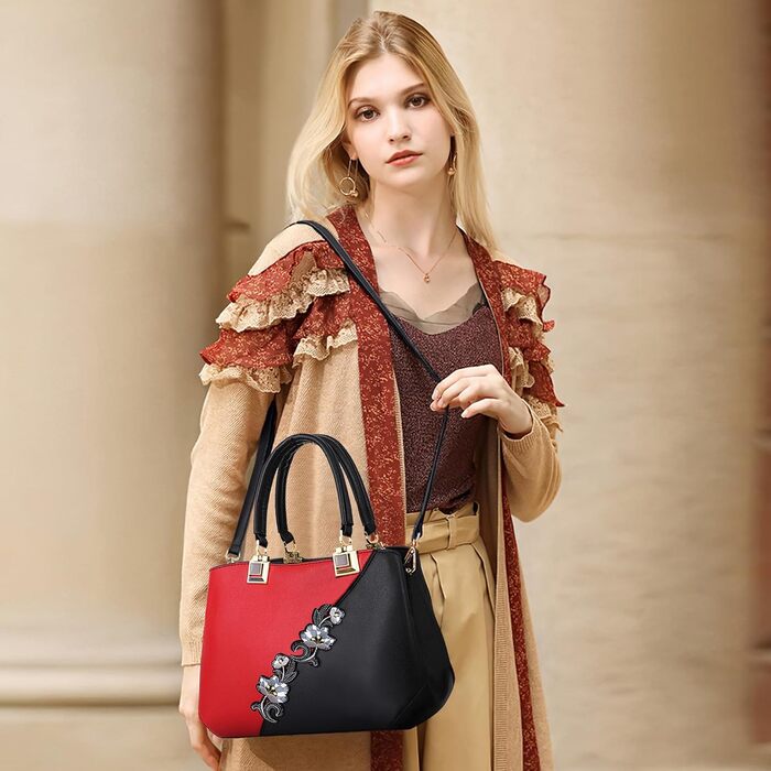 Сумка жіноча DIRRONA велика – сумка через плече та шопер з квітковою вишивкою та помпонами, червона. Для роботи, відпочинку, подорожей, офісу, вечірок та весіль