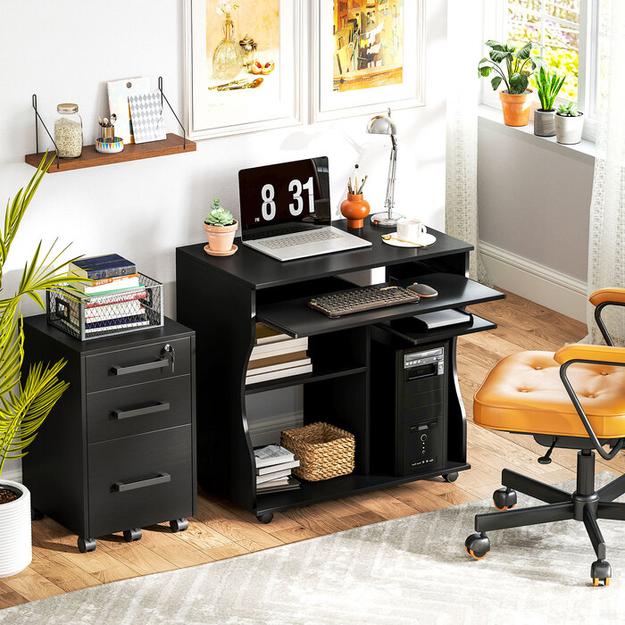 HOMCOM Computer Desk, Rolling Desk, Office Desk with Keyboard Tray, Storage, PC Table Black 80 x 48 x 75 cm | Aosom