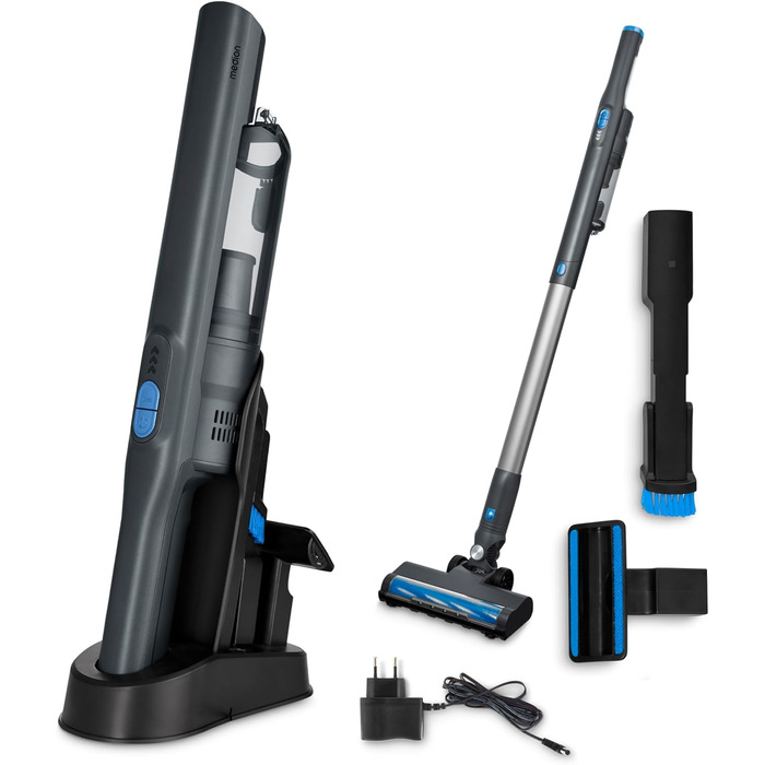 MEDION 2-в-1 Бездротовий акумуляторний пилосос з насадкою та підлоговою щіткою (BLDC-двигун, HEPA-13 фільтр, фільтрація пилу та алергенів, потужність всмоктування 20 kPA, док-станція, бездротовий, MD11515) білий (ручний пилосос + насадка, сірий)