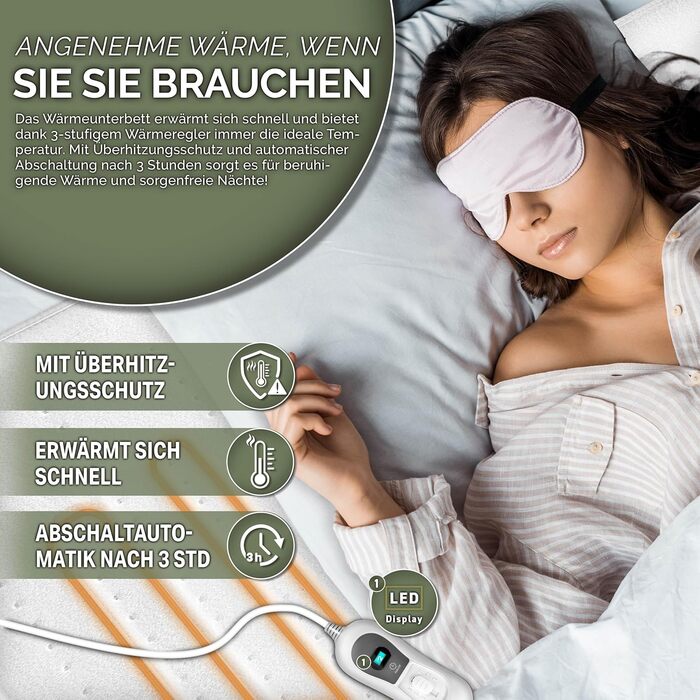 Електрична ковдра Sinnlein Doppel-Wärmeunterbett 160x140 з автовимкненням та 2 зонами нагріву | Ковдра з 3 рівнями температури | Підстилка під ковдру | Тепла ковдра з м'якого флісу (Без візерунка, 150 x 80 см)