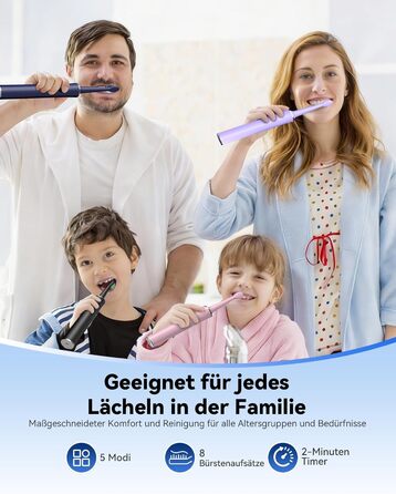 Електрична звукова зубна щітка JTF для дорослих, 5 режимів, 45 днів автономії, 8 насадок, IPX7 водонепроникна, з таймером, рожева - преміум набір для сім'ї