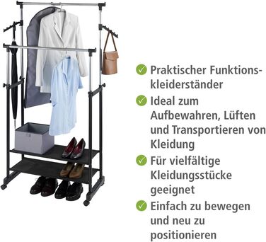WENKO Clothes Rack Folding, Clothes Storage with Adjustable Clothes Rail and Wheels, Plastic/Metal, 88 x 100-168 x 11-49 cm, Chrome/Grey (169 x 43 x 89.5 cm)