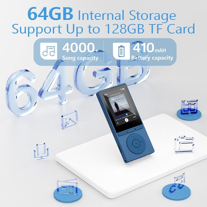 MP3 плеєр 64GB Bluetooth 5.3 з динаміком, HiFi звук, запис голосу, E-book, підтримка TF карти 128GB (Синій)