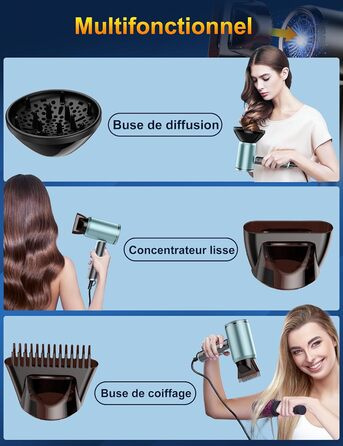 Фен 2400W складний іонний, професійний туристичний, з гарячою/холодною кнопкою, 3 режими нагріву, AC мотор, з насадкою-дифузором та сумкою для зберігання (сіро-блакитний)