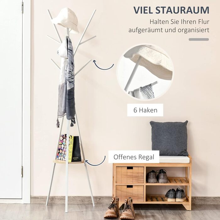 HOMCOM Coat Rack, Clothes Rack with 8 Hooks, Coat Stand with Shelf, Freestanding Coat Rack for Clothes, Hats, Bags, Metal, 45 x 45 x 180 cm (White)