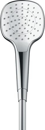 hansgrohe Croma Select E - water-saving showerhead 9 l/min (EcoSmart), hand shower with 3 spray patterns, square shower head (110 x 110 mm), showerhead with water-saving function and anti-limescale feature, White/Chrome (1 spray pattern)