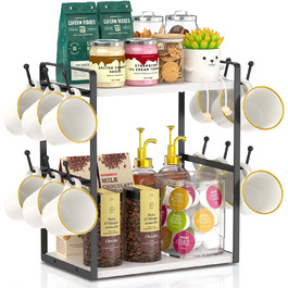 EsLuker.ly 2-Tier Mug Holder and Cup Stand, Mug Shelf for Coffee Cups, Coffee Organizer for Countertop, Coffee Station Organizer with Mug Holder, Vintage Brown-Black (14.4