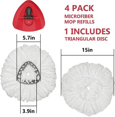 Spin Mop Replacement Head – EasyWring Mop Refill with Base, compatible with O-Cedar Triangle Spin Mop, Microfiber Mop Replacement Head, easy cleaning, floor wiper (white)