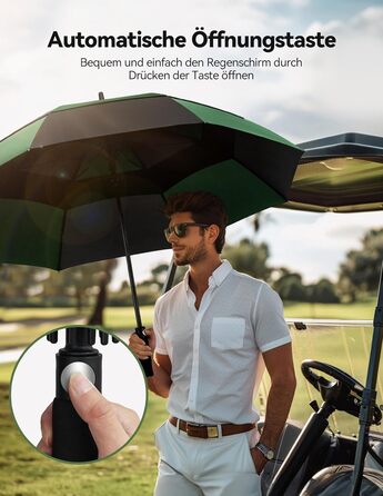 TECKNET Головний парасолька великий XXL, гольф-парасолька 173 см, стійкий до вітру, подвійний купол, вентильований, автоматичне відкриття, ручка EVA, для жінок та чоловіків (чорний та зелений, 150 см)