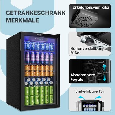 Міні-холодильник EUHOMY на 126 банок з дверцятами зі скла, чорний, з регульованими полицями, 90л, для дому/бару/офісу