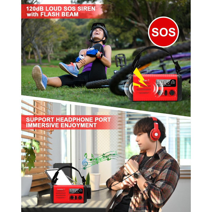 Радіо Kurbelradio на сонячній енергії 20000mAh з AM/FM, SOS-сигналом, LED-ліхтариком та USB-зарядкою, червоне