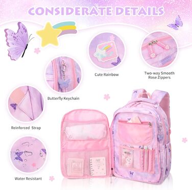 Рюкзак шкільний для дівчинки Schulrucksack, 43x35x17 см, фіолетовий з метеликами, для дітей 5-10 років, велика місткість