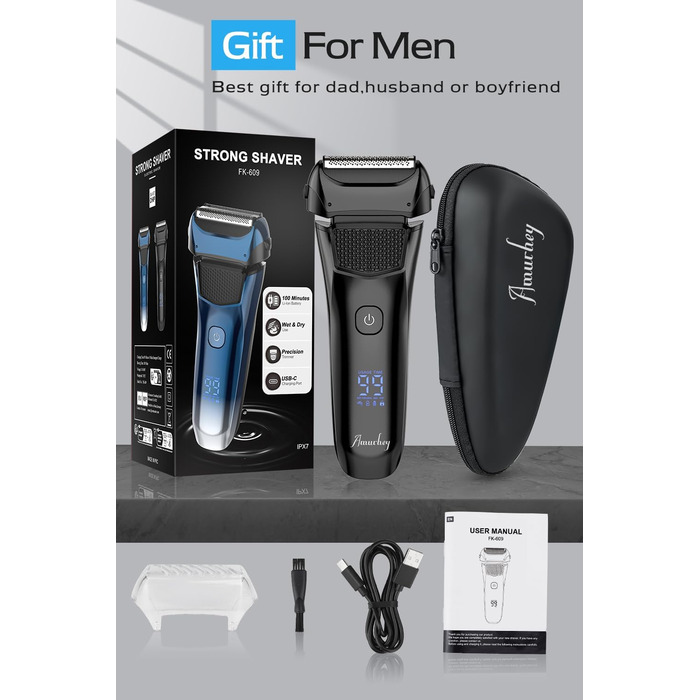Електрична бритва чоловіча з 3 гнучкими лезами та чохлом для подорожей, тример для точного гоління, вологостійка/суха, 120 хв роботи, акумуляторна, подарунок для чоловіків, чорна