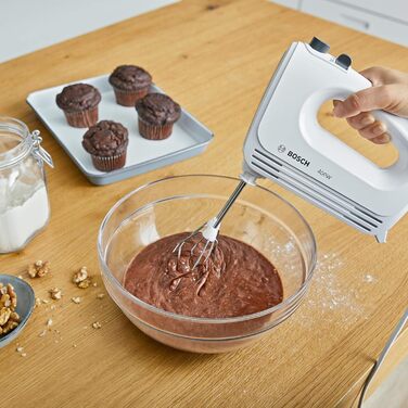 Міксер Bosch CleverMixx MFQ24200: 400 Вт, білий, з набором насадок (2 вінчики, 2 гаки), нержавіюча сталь, 4 швидкості, турбо-режим, легкий, тихий, для кухні