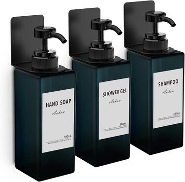 Дозатор мила Anhow 3er PETG для стін, набір з 3 шт. Без свердління, пластиковий диспенсер для кухні/ванної кімнати, 500 мл, блакитний