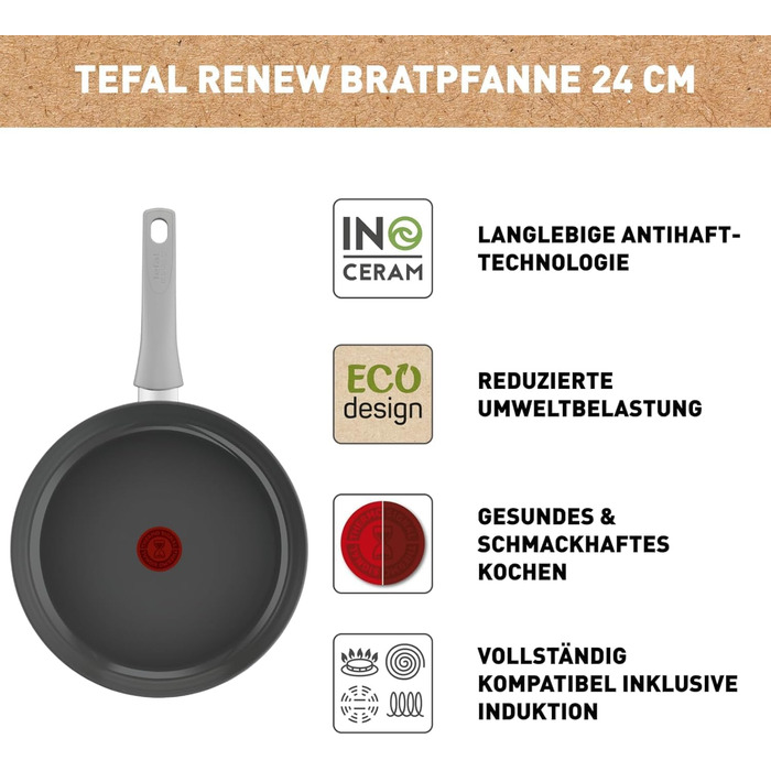 Сковорода Tefal Renew On 24 см з керамічним покриттям, сіра - для всіх плит, включаючи індукційні. Екологічна, перероблена