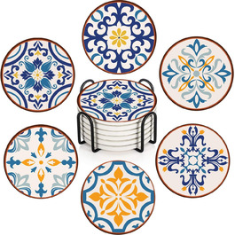 Drink Coasters 6-Piece Set, Geometric Tribal Boho Blue Red Absorbent Round Ceramic Stone Mat with Cork Bottom and Metal Holder, Housewarming Gift Bar Decor (Talavera Tile)
