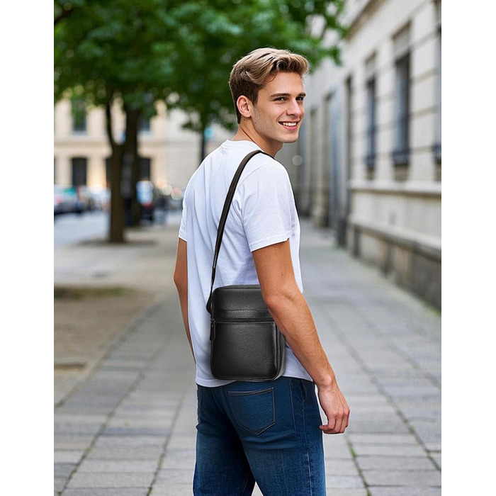 Чоловіча сумка через плече Leathario з натуральної шкіри, велика місткість, чорна