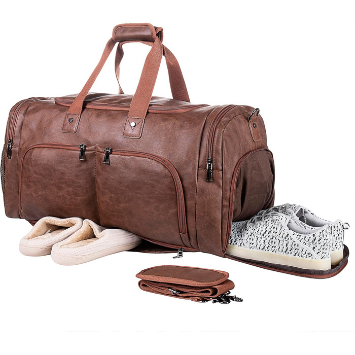 Duffle bag with shoe bag, overnight bag, leather oversized weekend bag, large carry-on bag, duffel bag for women and men ([H]brown)