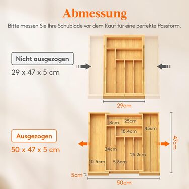 Органайзер для столових приборів Lifewit в шухляду, бамбуковий, 47 см (29-50 см)