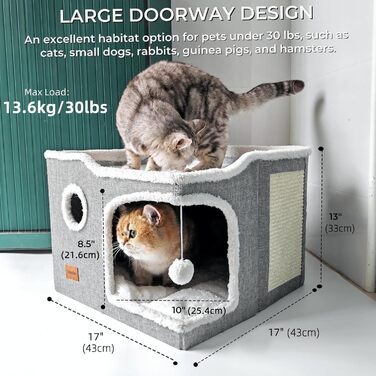 Кігтеточка-будиночок для котів велика, сірого кольору, 2 рівні, з м'якою подушкою та іграшками, 42x42x33 см