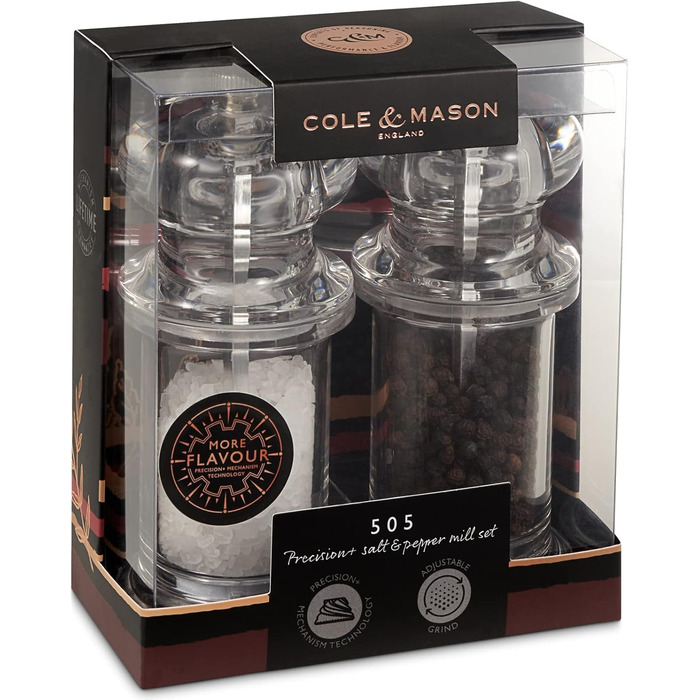Cole & Mason 505 Salt & Pepper Mill Set – Classic Design, Adjustable Grinder, 14cm, Transparent Acrylic Body, Durable & High Quality, Manual