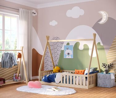 Bellabino Tajo Children's Bed Base 80x160 cm, House Bed made of Solid Pine Wood with Fall Protection/Rail and Slatted Frame in Natural for Children from 3 Years