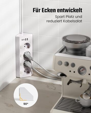 Розетка кутова з 2 USB та 2 Type-C, 16A/3840W, настінна, з кабелем 2м, для офісу, кухні та вітальні, біла