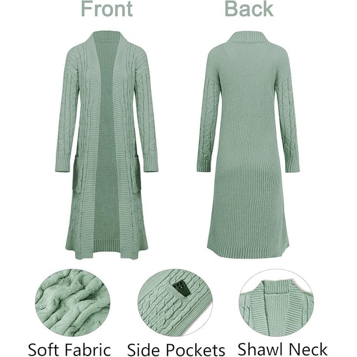 Saodimallsu В'язаний кардиган для жінок, великий в'язання, відкритий спереду, з кишенями, світло-зелений, XL