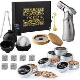 Набір для копчення віскі – Old Fashioned Cocktail Geschenkset: 6 дерев'яних чіпсів, 4 гранітні камені, запальник та аксесуари для любителів віскі та коктейлів (без бутану)