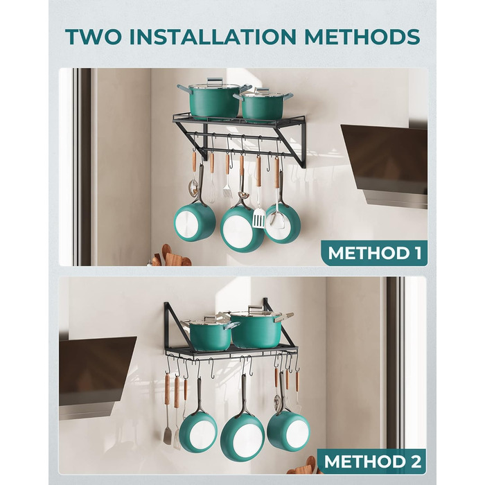 OROPY Pot Rack, 3-Tier Iron Kitchen Shelf, Wall Mount, Pan Holder with 12 Hooks, 60 * 29.5 * 24.5cm, Kitchen Utensil Holder, Kitchen Wall Shelf for Pots and Pans