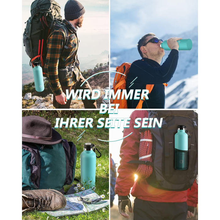 Фляга спортивна Feijian 1л з карабіном - термофляга з нержавіючої сталі, витікає, для води, кави, чаю, без BPA, для спорту, відпочинку, школи, кемпінгу, велосипеда, армійного кольору (світло-зелений, 750 мл)