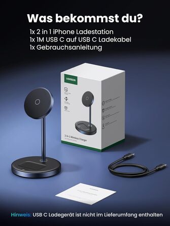 UGREEN MagFlow 2-в-1 Бездротова зарядка для iPhone з MagSafe, 90° регульована, кабель USB-C 1м