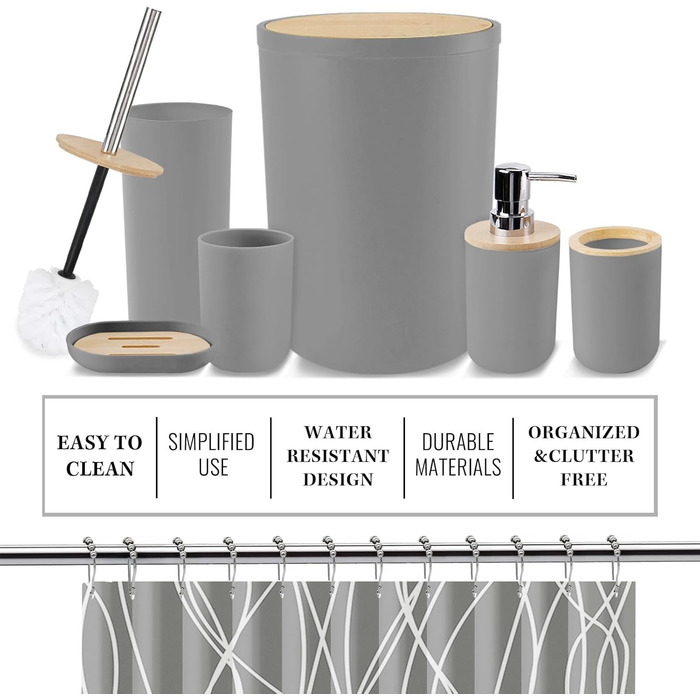 Набір аксесуарів для ванної кімнати Britimes, сірий: душова завіса, відро для сміття, дозатор мила, тримач для унітазної щітки, тримач для зубних щіток та стаканчик для зубних щіток