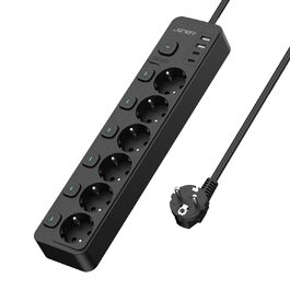 Многорозеткова смуга JSVER 5-портова з індивідуальним вимикачем, 2 USB-A та 2 USB-C (17W), розширювач на 2м для смартфонів, ноутбуків - білий (чорний 6-портова)