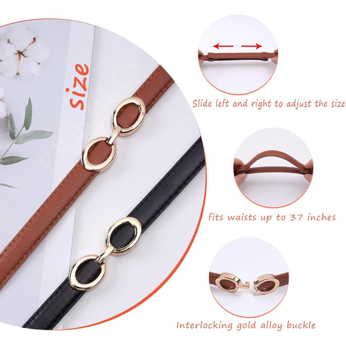 2 жіночі шкіряні ремені Skinny: чорний+білий та чорний+коричневий. Вузький тасьовий ремінь з металевою блискавкою для суконь та пальто