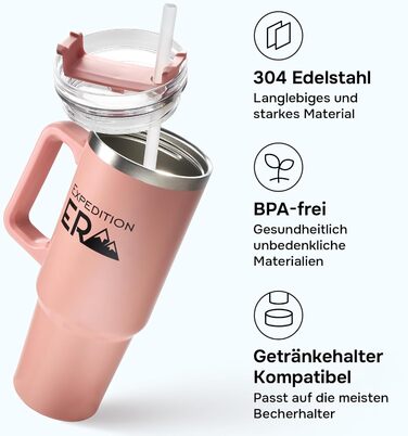 Термокружка з трубочкою 880мл, 30oz - ізольована термокружка з кришкою та ручкою, нержавіюча сталь, велика ємність, Tumbler, термокружка для напоїв, кавова кружка to go XXL (Рожева)