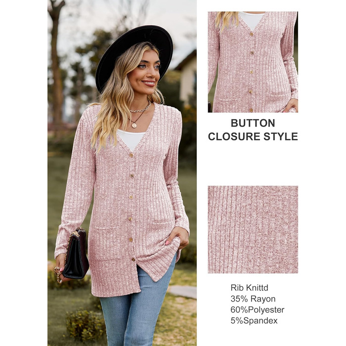 Кардиган жіночий з довгим рукавом, відкритий спереду, на ґудзиках, V-подібний виріз, легкий, з кишенями (XL, Рожевий)