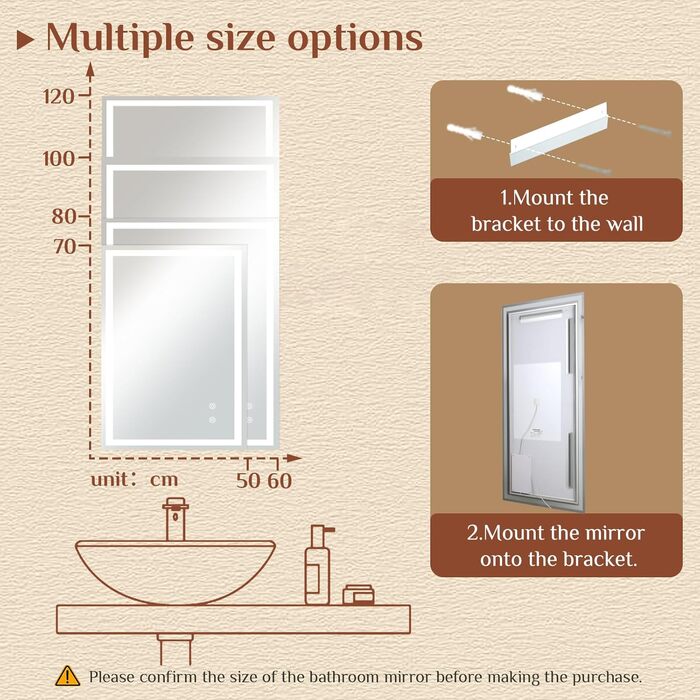 Дзеркало для ванної кімнати Clevich з підсвічуванням 70x50 см, LED, 3 кольори світла, регулювання яскравості, захист від вибуху, сенсорне керування, пам'ять, антизапар, для ванної кімнати