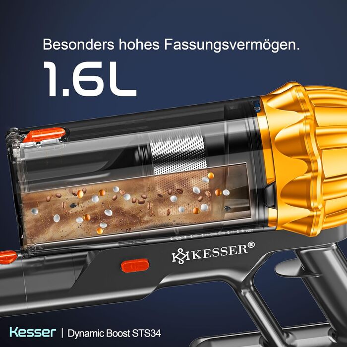 Бездротовий акумуляторний пилосос KESSER® з LED дисплеєм, до 70 хв роботи | Бездротовий пилосос без мішка з антизаплутувальною насадкою для твердих поверхонь, килимів та шерсті тварин (Помаранчевий / Жовтий)