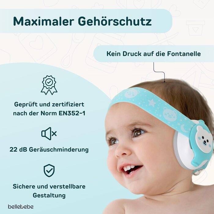 Захист вух для немовлят BELLEBEBE - 0-36 місяців, гіпоалергенний, BPA-free, сертифікований EN352-1, RoHS, CPC, регульоване наголов'я, сумка для перенесення (Азуль)