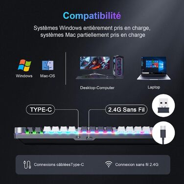 Механічна ігрова клавіатура TECURS бездротова 80% TKL з підсвічуванням, Red Switch, QWERTZ, для ПК, ноутбука, Windows, чорно-біла