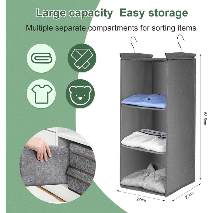 Органайзер для шафи AiQInu з 3 відділеннями, підвісний, бамбуковий, сірий (з гачками)