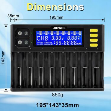 Зарядний пристрій JIUWIIL для акумуляторів 18650, Li-Ion/LiFePO4 (8+2 слоти) з LCD-дисплеєм – швидка зарядка 26650, 17500, 16340, 14500, 10440, 9V