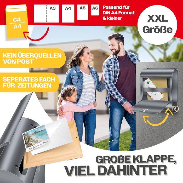 Поштовий ящик настінний KESSER XXL нержавіюча сталь, з газетницею, замок (3 ключі), антрацит