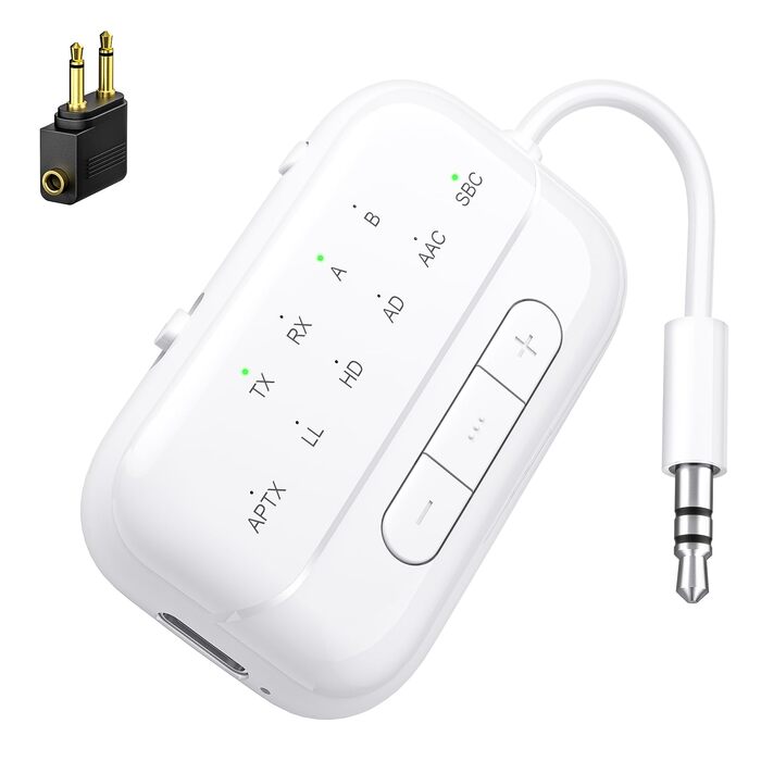 Bluetooth адаптер SONRU 5.3 Airfly: передавач та приймач 2-в-1, Aux 3.5 мм для навушників, ТБ, автомобіля та літака
