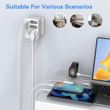 Мережевий адаптер з USB, 4 USB порти (2xA + C), 3.4A, LED, вимикач, компактний для дому та подорожей