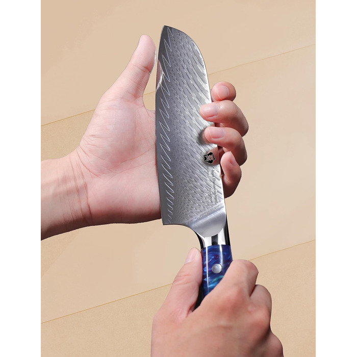 Японський кухонний ніж Santoku WILDMOK 17 см, сталь VG10 Дамаск, синій ергономічний руків'я для кухні