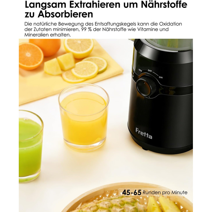 Шнекова соковижималка Fretta Slow Juicer з широким завантажувальним отвором для цілих овочів та фруктів, BPA-free Tritan, 1 л, димчасто-чорна